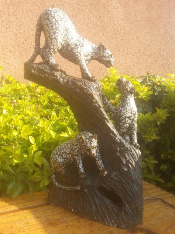Family of 3 Leopard, Stone Sculpture 12H
