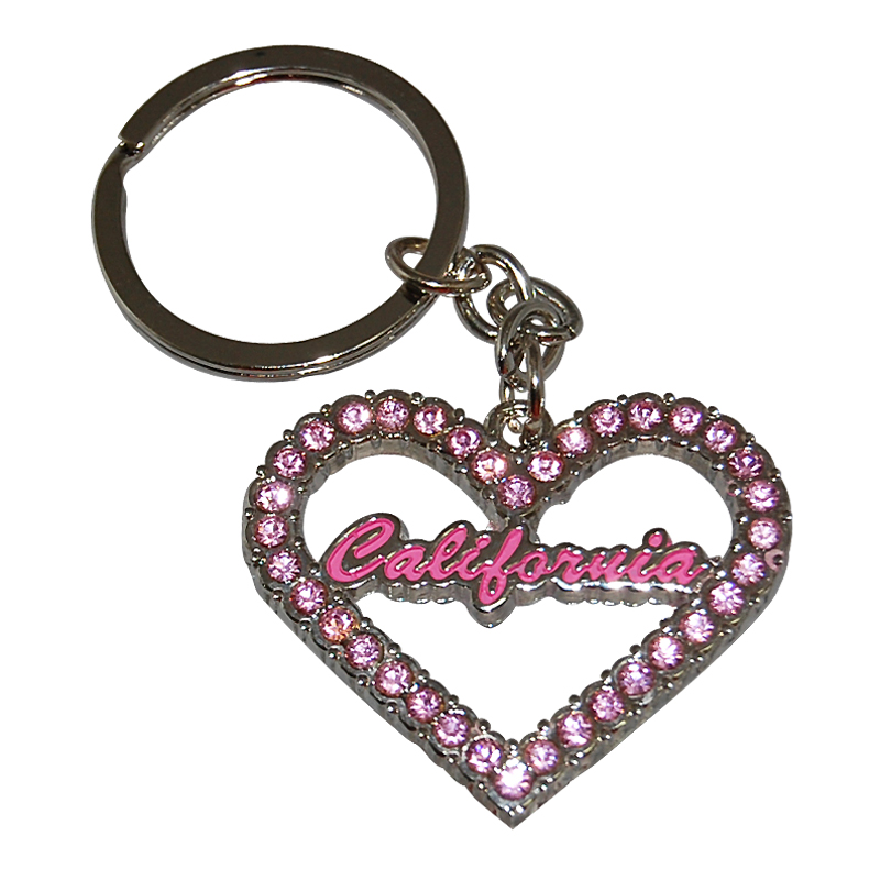 California Souvenir Heart Shaped Keychain with Pink Rhinestones