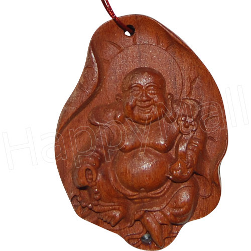 Happy Buddha on Lotus Leaf Wooden Charm Pendant, photo-3
