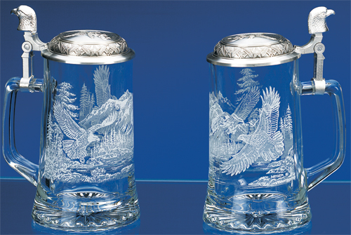 Glass Beer Stein with Pewter Lid - Bald Eagle, 7-1/4H