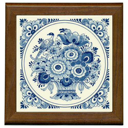 Tile with Frame, Delft Blue Flower with Bird, 7.5