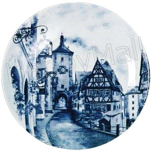 Decorative Plate, Blue European Village, 8.25D