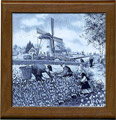 Tile with Frame, Delft Blue Tulip Pickers, 7.5