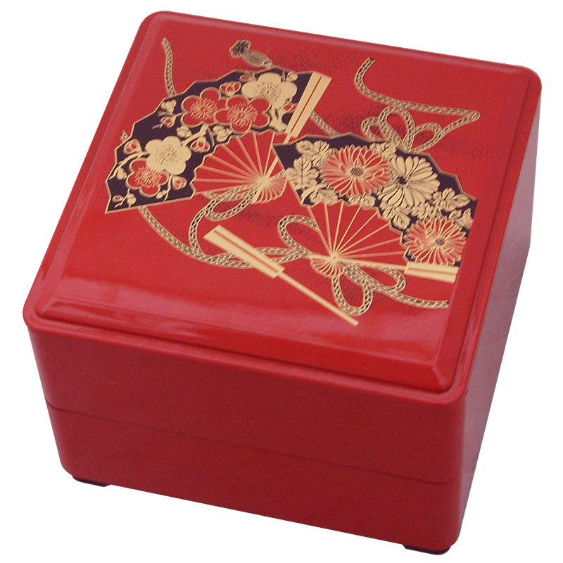 2 Tier, Red Lacquer Stack Box with Fans, 5-1/4W