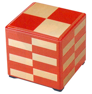 3 Tier Stack Lacquer Box - Red/Gold Checker, 7-3/4SQ