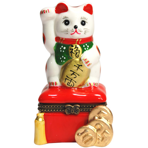 Japanese Welcome Cat w/ Right Hand Raised Trinket Box
