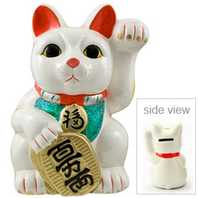 White Color, Maneki Neko Lucky Cat w/ Left Hand Raised, 13H