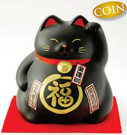 Cute Lucky Cat in Black, w/ Left Hand Raised, 8-1/4