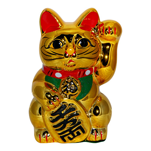 Gold Color, Maneki Neko Lucky Cat w/ Left Hand Raised, 8H