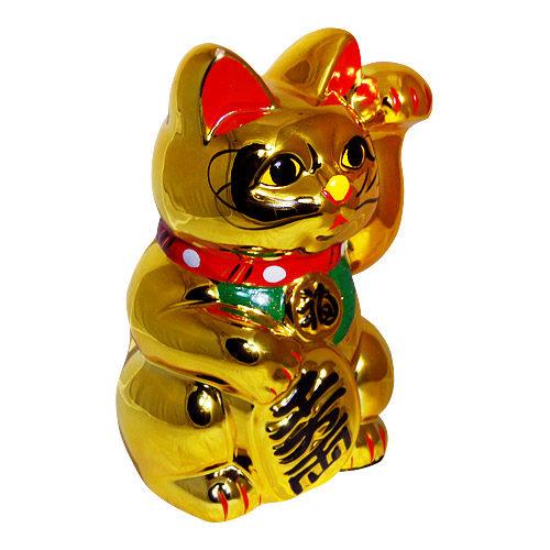 Gold Color, Maneki Neko Lucky Cat w/ Left Hand Raised, 8H, photo-1