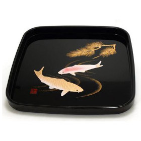 Japanese Square Lacquer Tray - Koi Fish, 10.5L