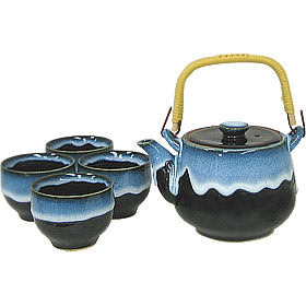 1&4, Japanese Tea Set, Black w/Blue Edge, 24 oz