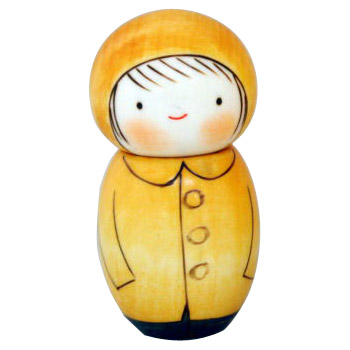Kokeshi Doll, Rain Coat (Blue Base), 4.8H