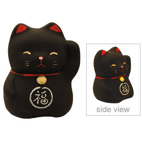 Cute Lucky Cat in Black, w/ Left Hand Raised, 2