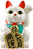 White Color, Maneki Neko Lucky Cat w/ Left Hand Raised, 15-1/2H