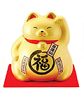 Cute Lucky Cat in Gold, w/ Left Hand Raised, 8-1/4