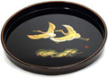 Japanese Round Black Lacquer Tray - Two Cranes, 12D
