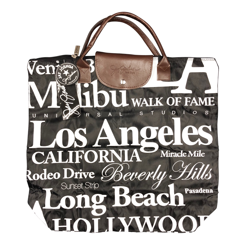 Los Angeles Themed Tote with Top Closure, Waterproof Black Canvas