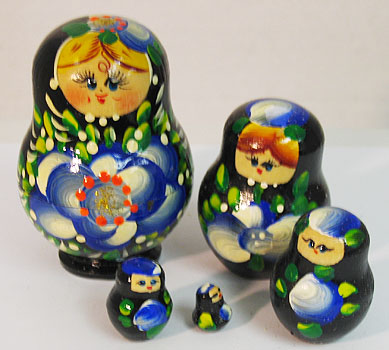 3 Miniature Russian Doll Set - 5 Nesting Dolls, Black