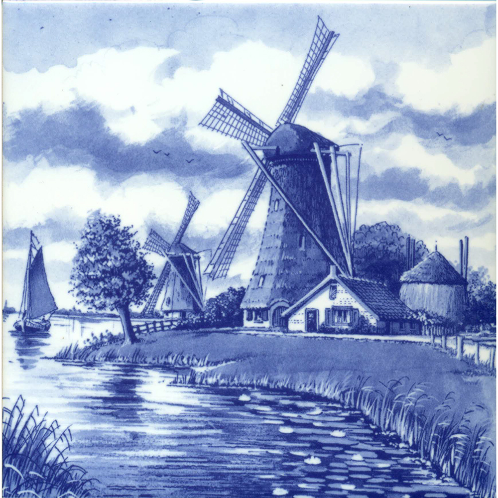 Blue Delft Design Ceramic Tile 6" x 6" set of 6 Wind Mill Boat House Kiln Fired 