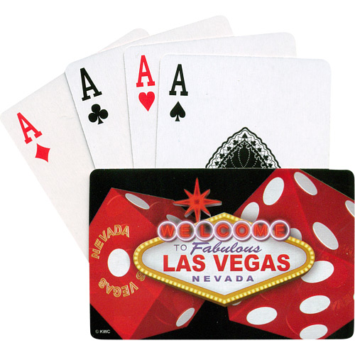 Las Vegas Playing Cards, Two large red dice on each side with the Vegas  sign right in the middle.
